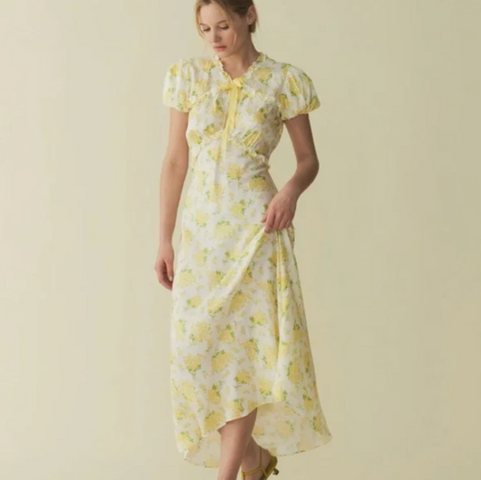 Doen Orianna Silk Dress, Yellow loral, XS