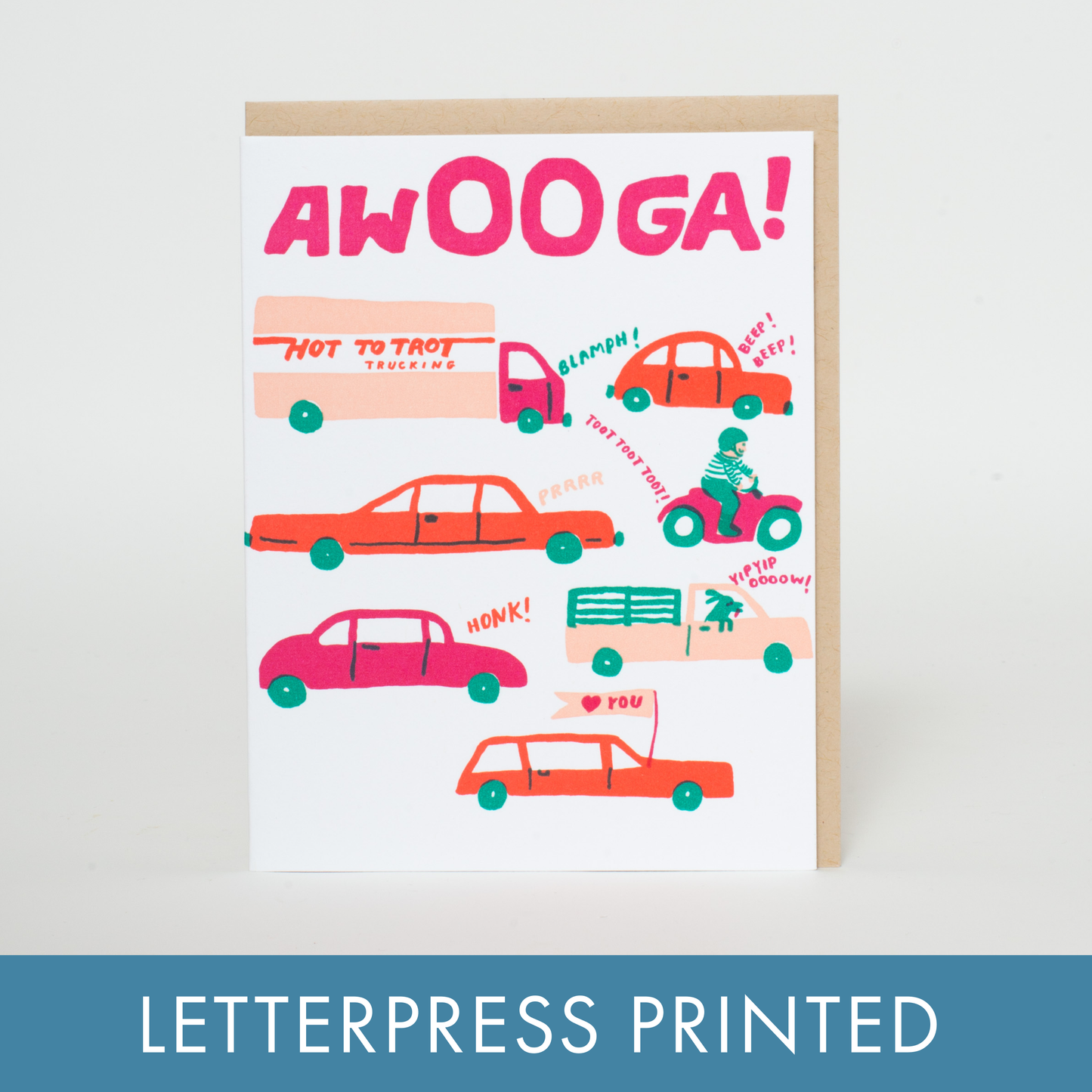 Awooga Cars Love Letterpress Greeting Card by Egg Press: Paper tab