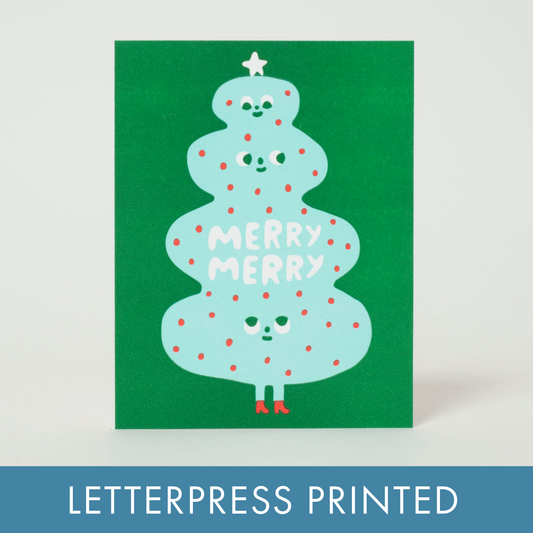 Merry Merry Tree Letterpress Holiday Greeting Card by Suzy Ultman : Plastic sleeve