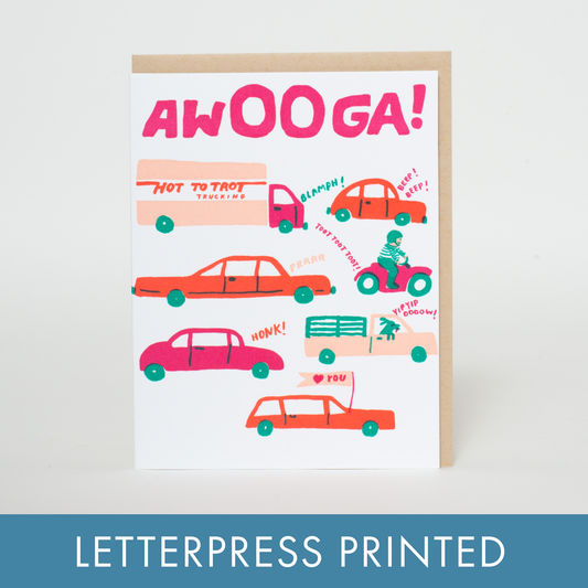Awooga Cars Love Letterpress Greeting Card by Egg Press: Paper tab